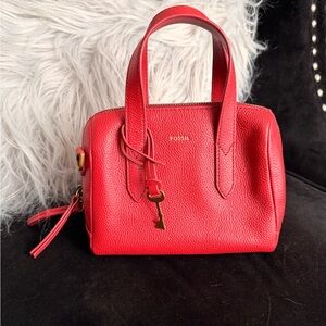 Fossil Red Pebbled Leather Satchel with Key Charm